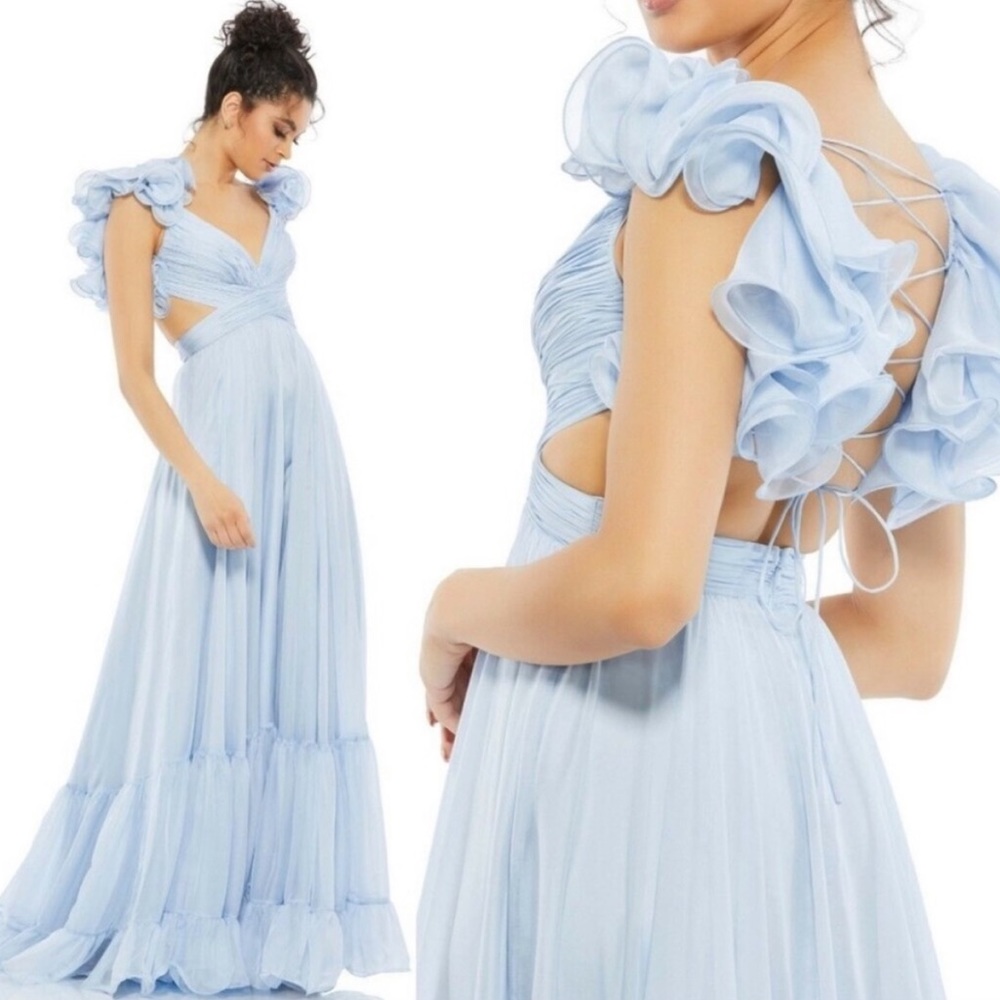 Mac Duggal Ieena Ruffle Rosette Chiffon Cutout Gown in Blue, Size 6